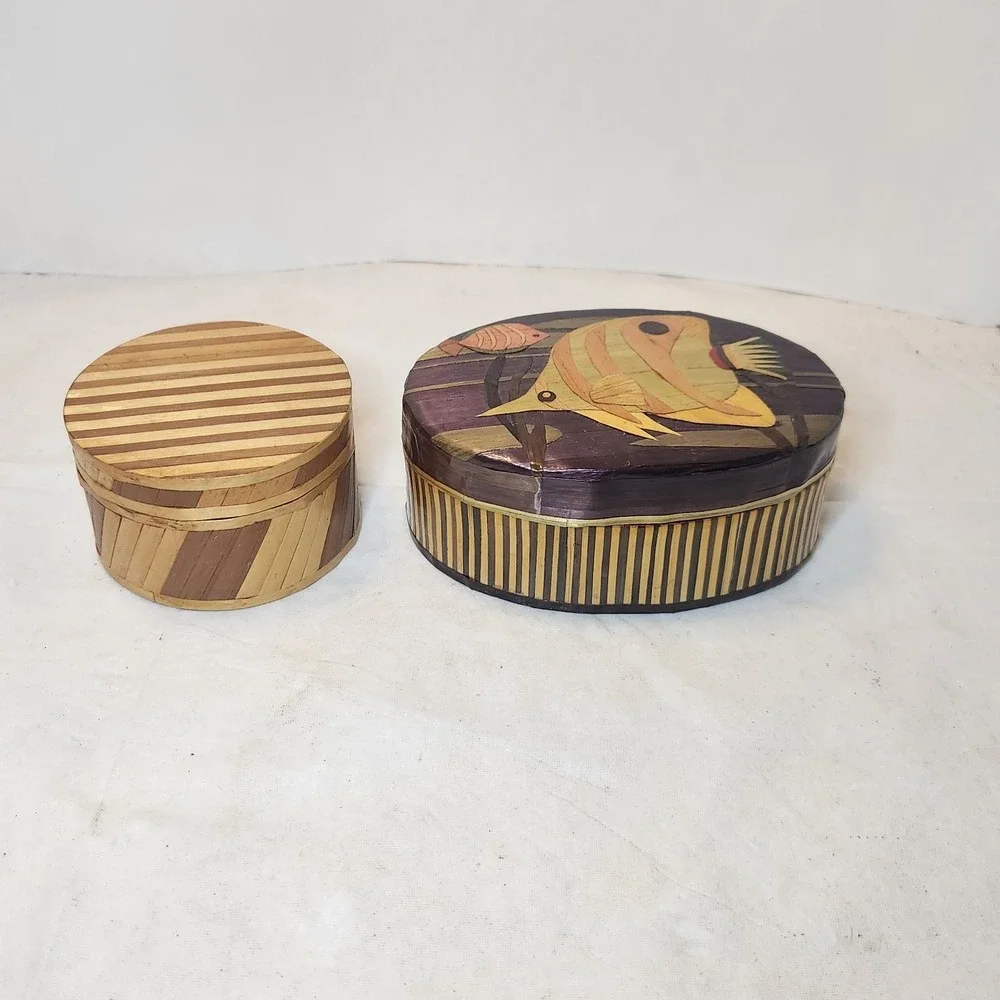 Set Of 2 Small Trinket Boxes 1 Wooden 1 W/ Wooden Inlay Fish Accents